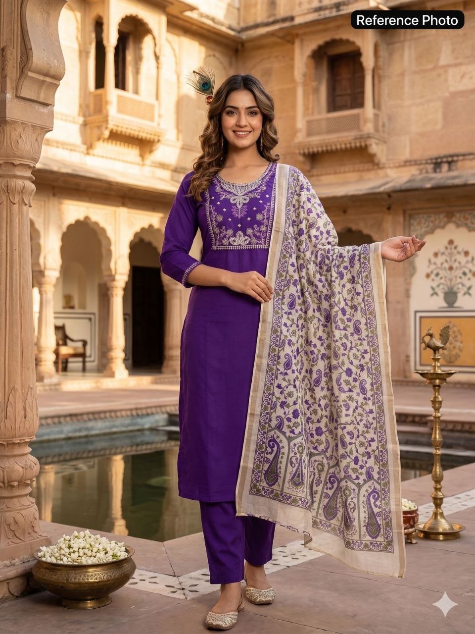 Regal Violet Embroidered Kurta Set with Paisley Dupatta
