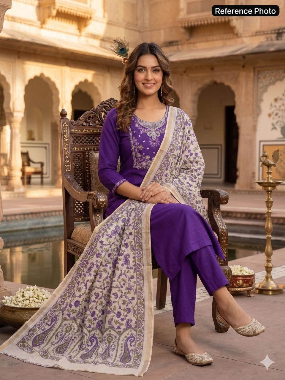 Regal Violet Embroidered Kurta Set with Paisley Dupatta
