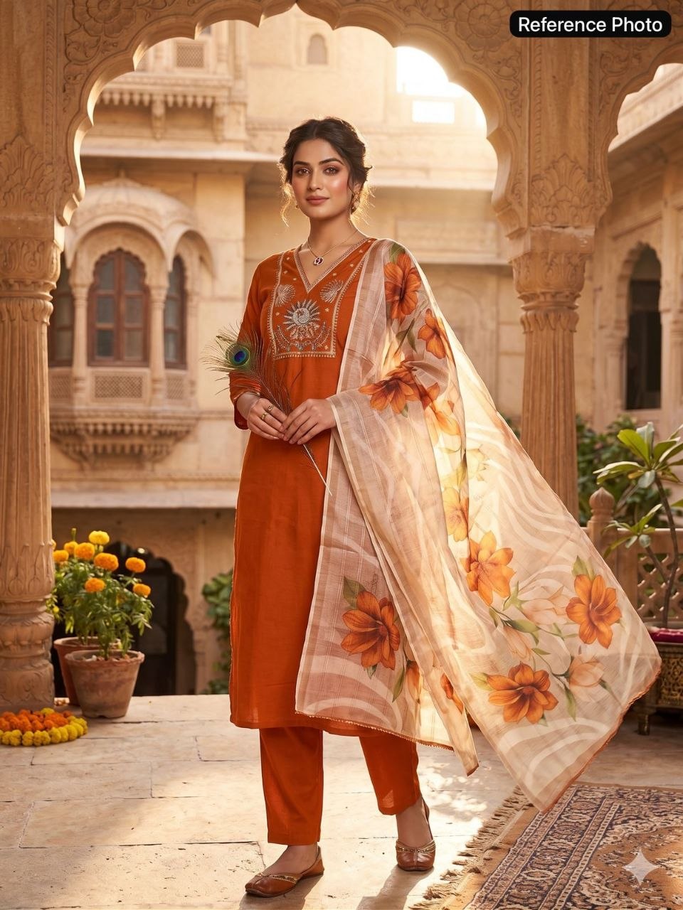 Russet Bloom Embroidered Kurta Set with Floral Organza Dupatta