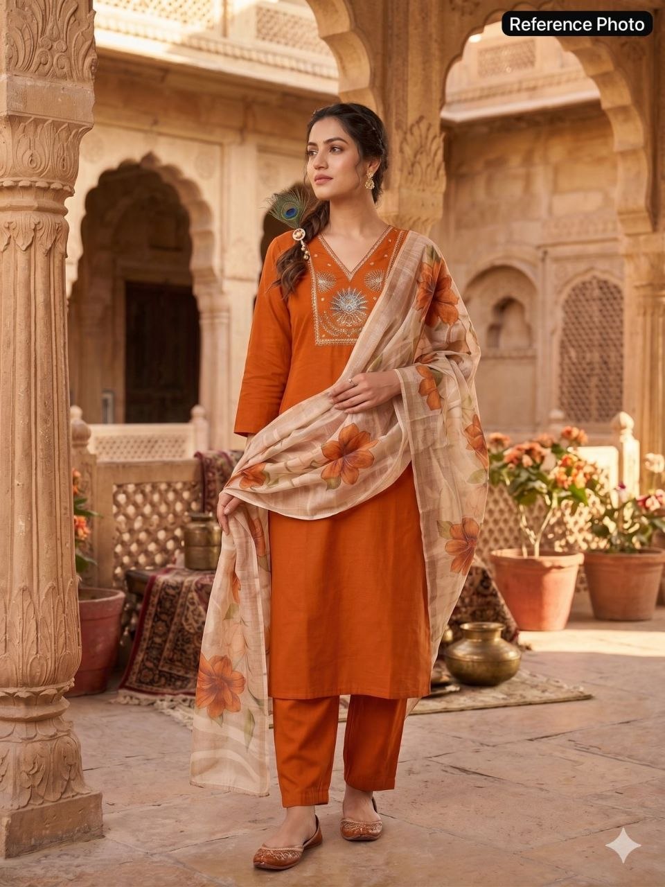 Russet Bloom Embroidered Kurta Set with Floral Organza Dupatta