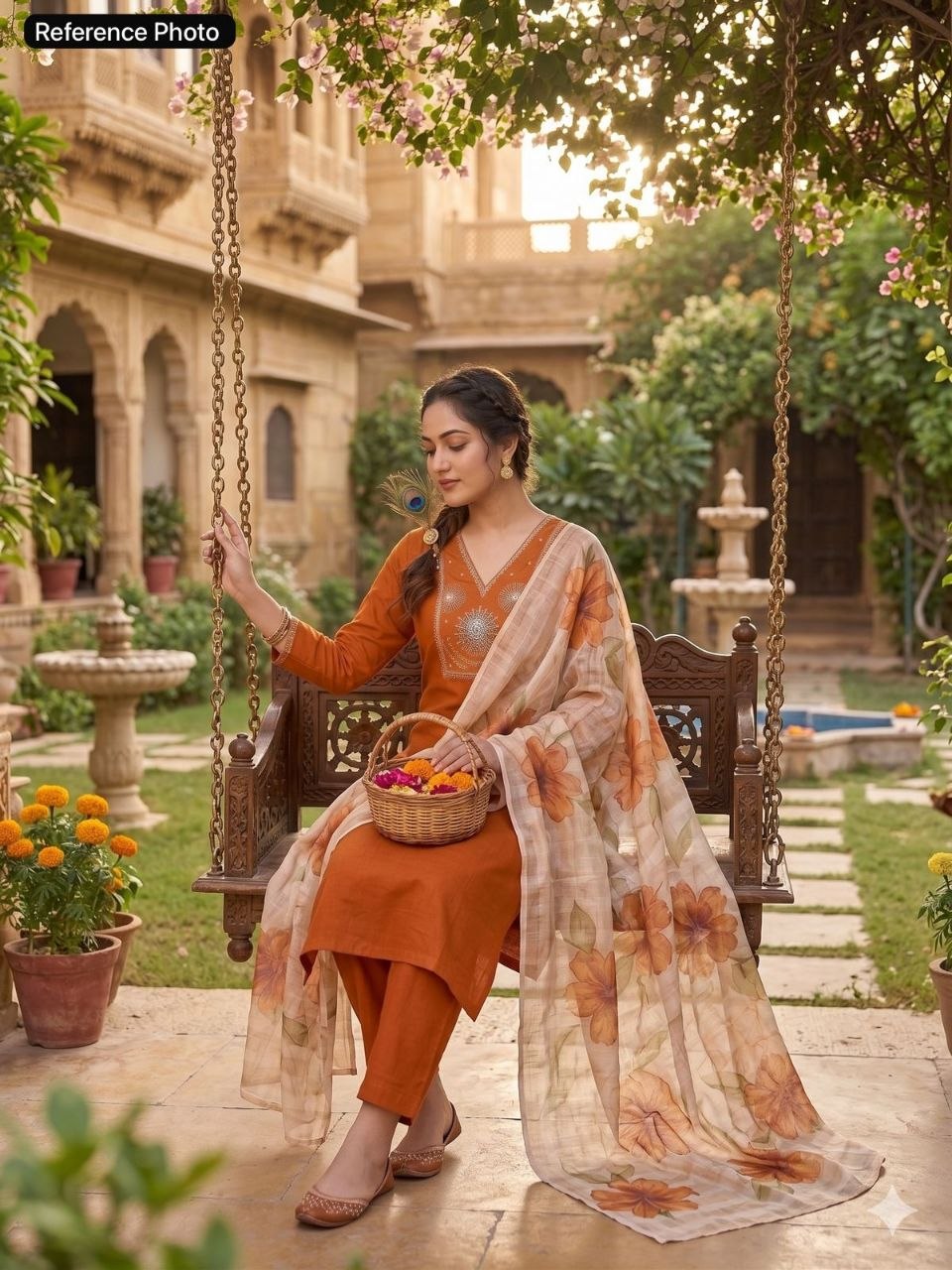 Russet Bloom Embroidered Kurta Set with Floral Organza Dupatta