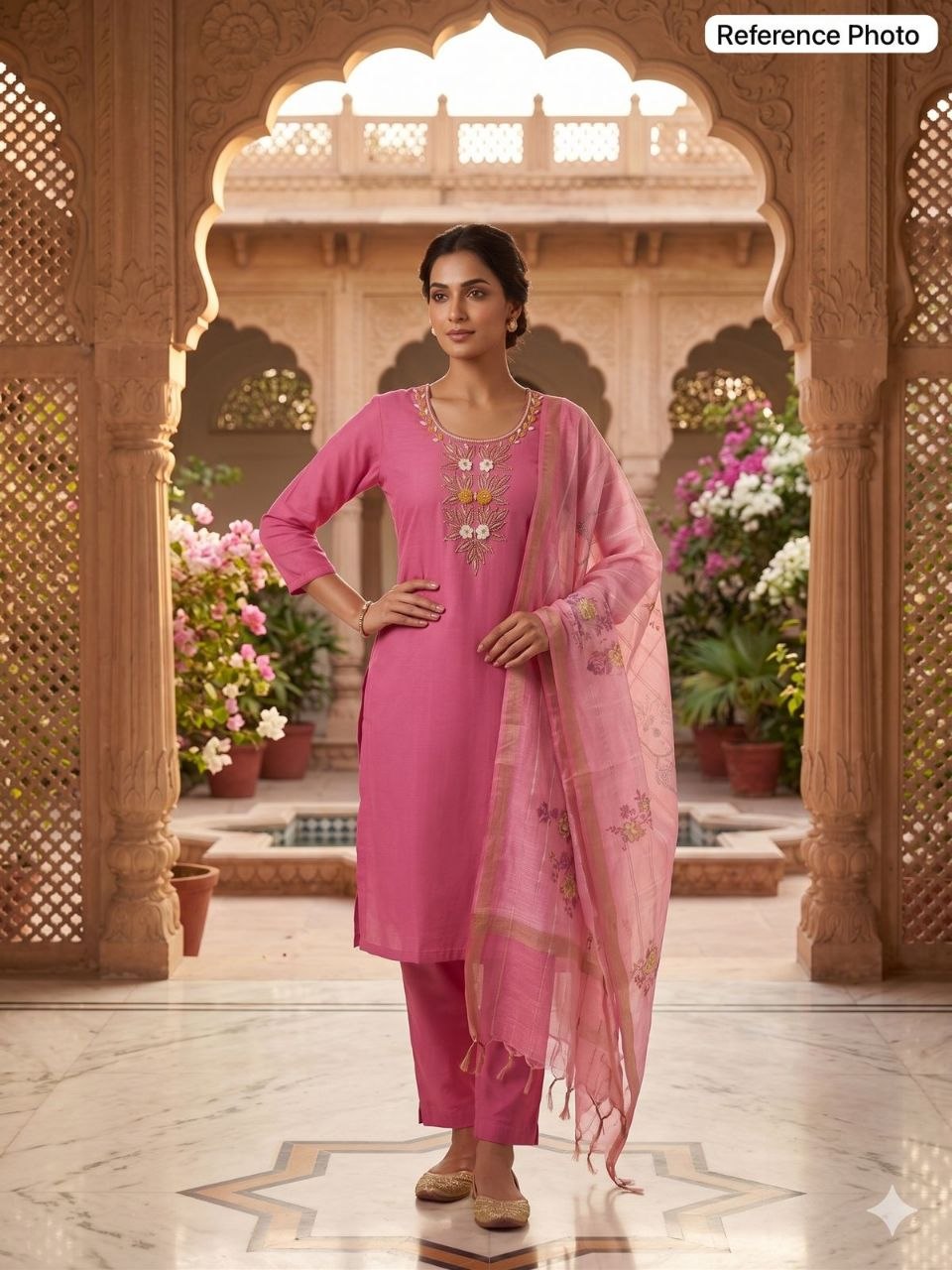 Blush Rose Embroidered Kurta Set with Tissue Dupatta
