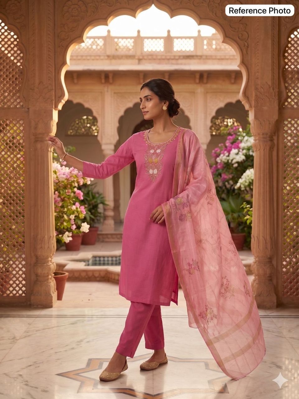 Blush Rose Embroidered Kurta Set with Tissue Dupatta