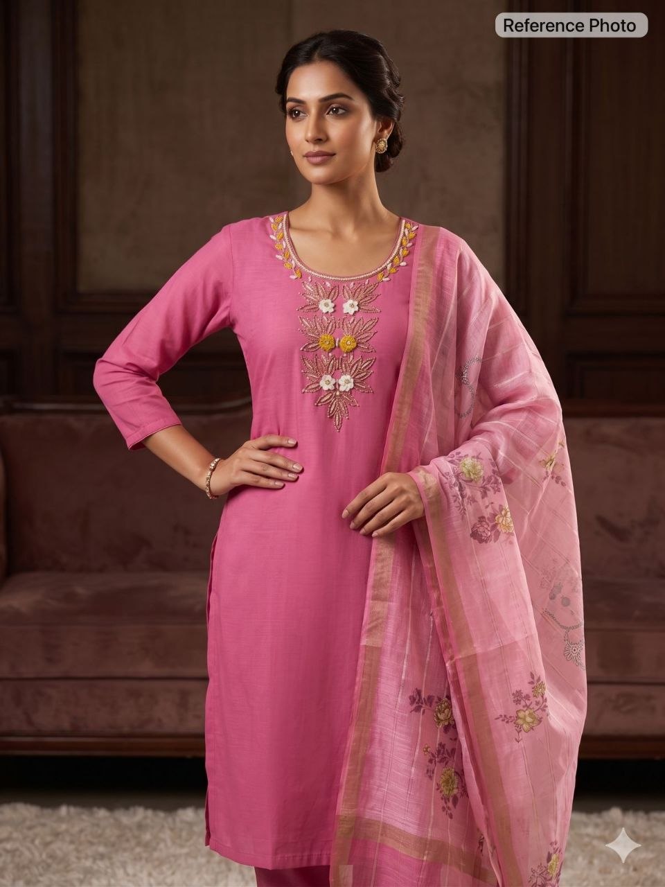 Blush Rose Embroidered Kurta Set with Tissue Dupatta