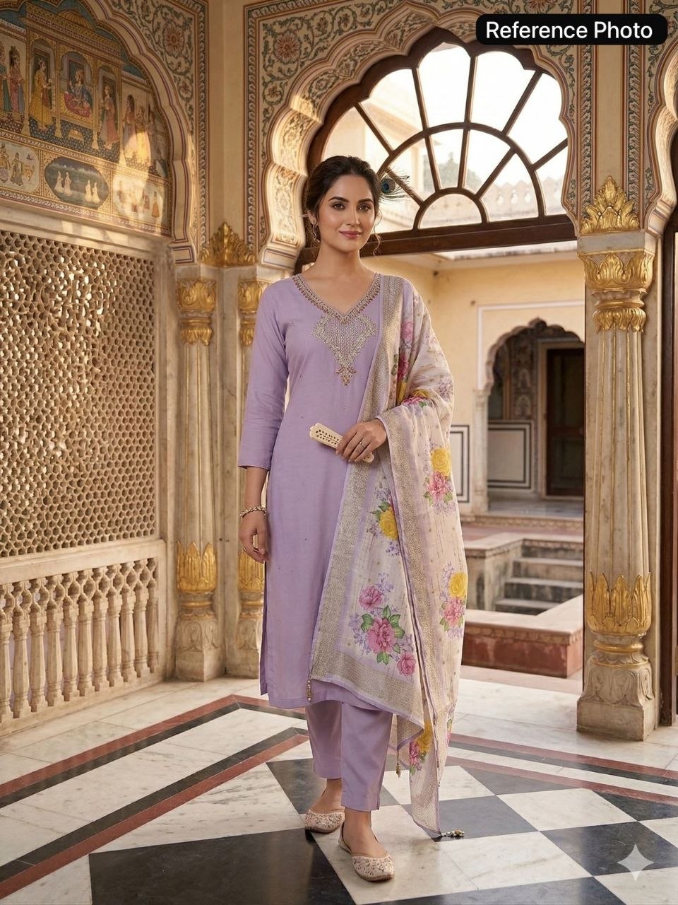 Lavender Mist Embroidered Kurta Set with Floral Printed Dupatta