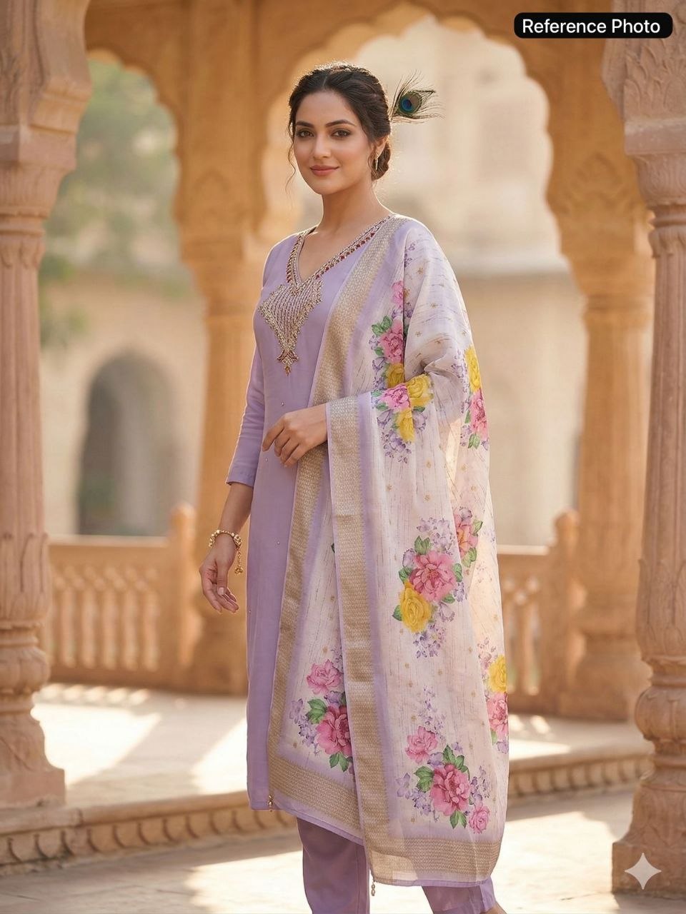 Lavender Mist Embroidered Kurta Set with Floral Printed Dupatta