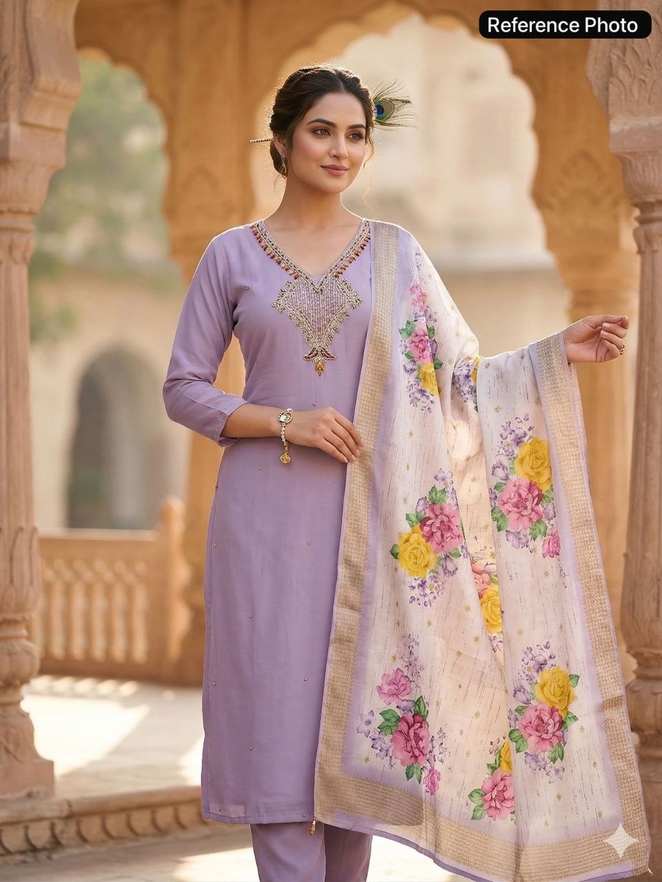 Lavender Mist Embroidered Kurta Set with Floral Printed Dupatta