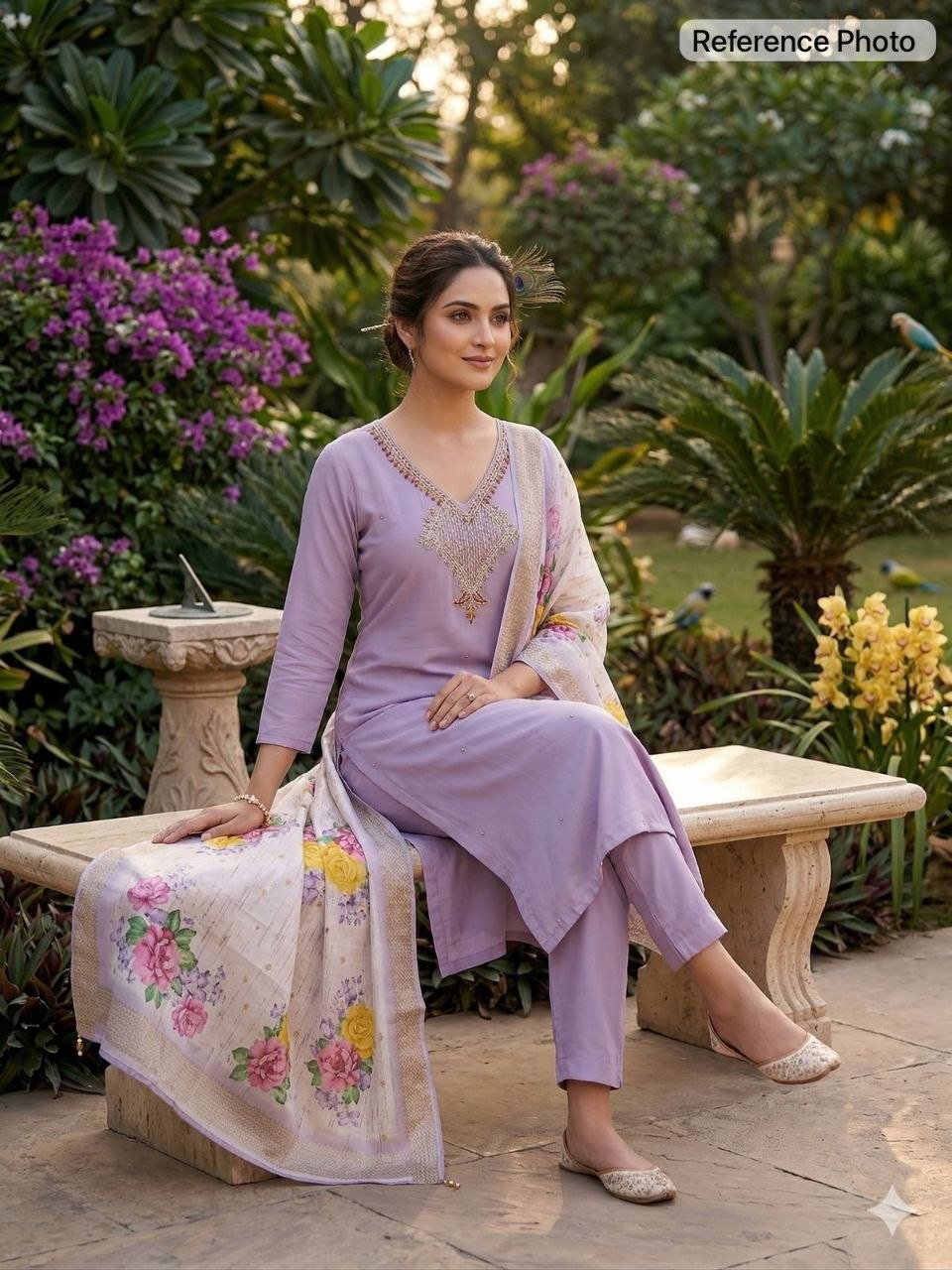 Lavender Mist Embroidered Kurta Set with Floral Printed Dupatta