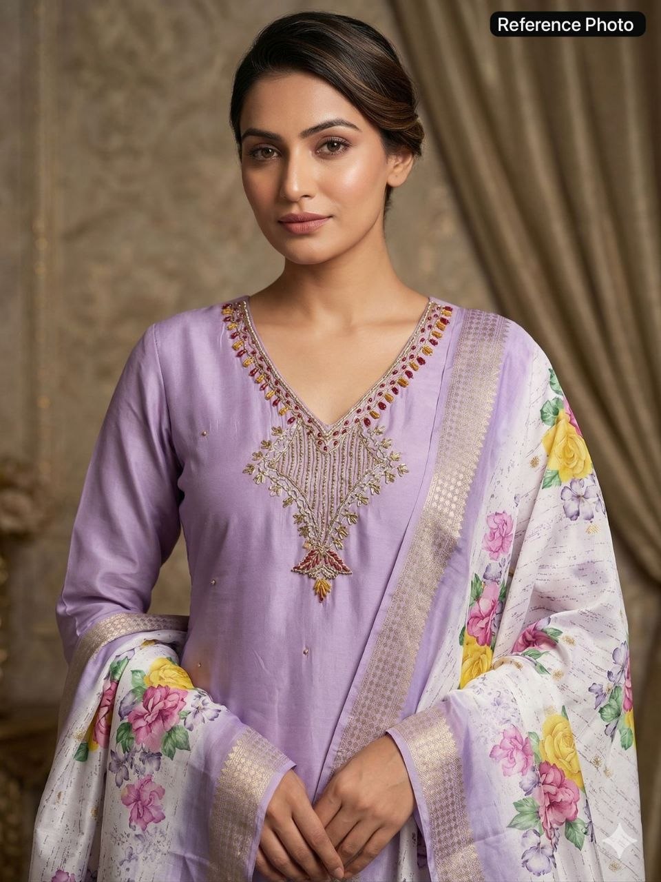 Lavender Mist Embroidered Kurta Set with Floral Printed Dupatta