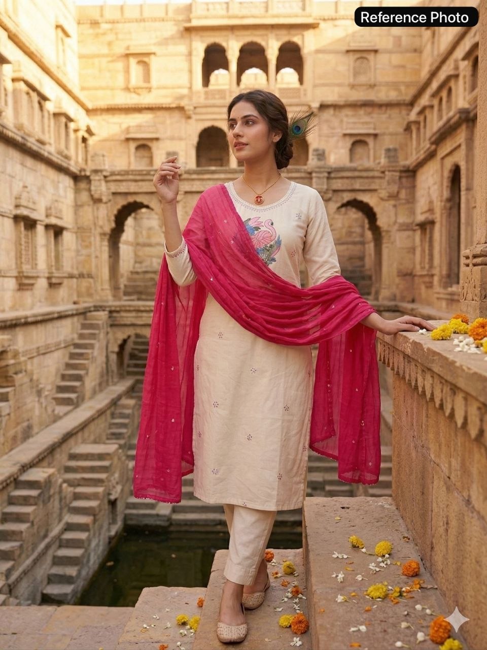 Ivory Flamingo Embroidered Kurta Set with Magenta Dupatta