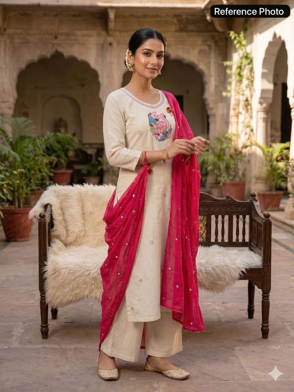 Ivory Flamingo Embroidered Kurta Set with Magenta Dupatta