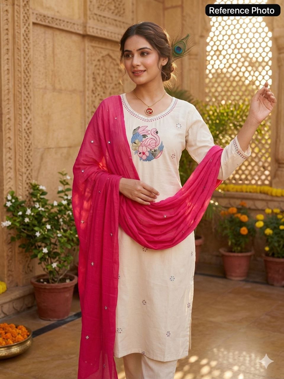 Ivory Flamingo Embroidered Kurta Set with Magenta Dupatta