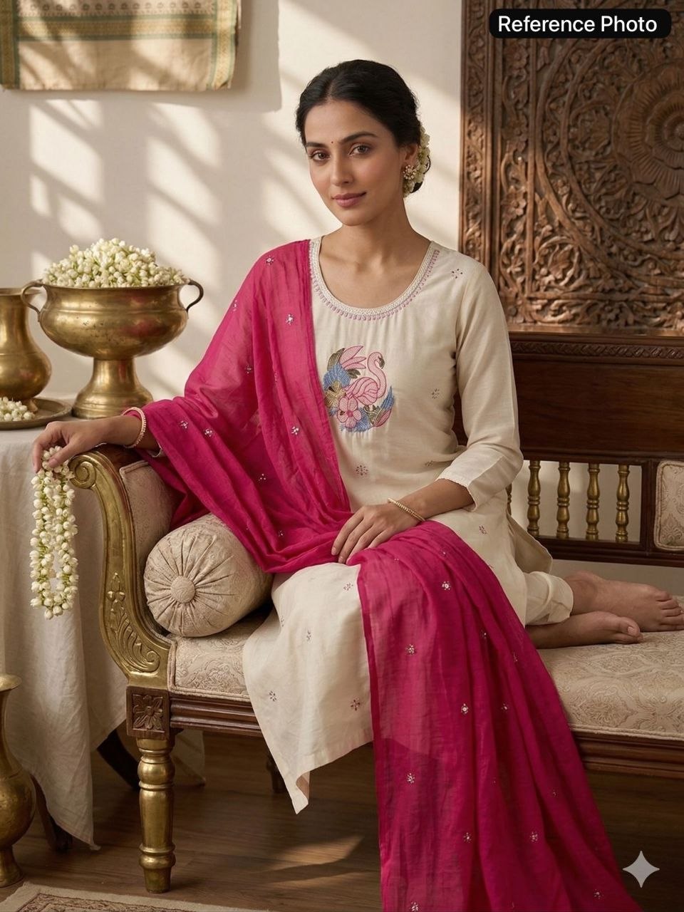 Ivory Flamingo Embroidered Kurta Set with Magenta Dupatta