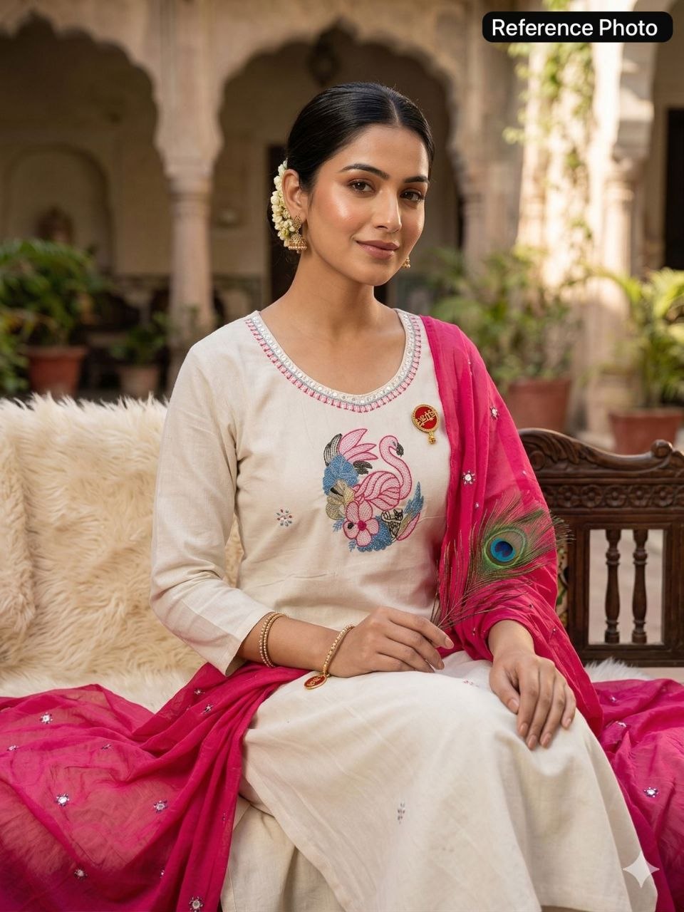 Ivory Flamingo Embroidered Kurta Set with Magenta Dupatta