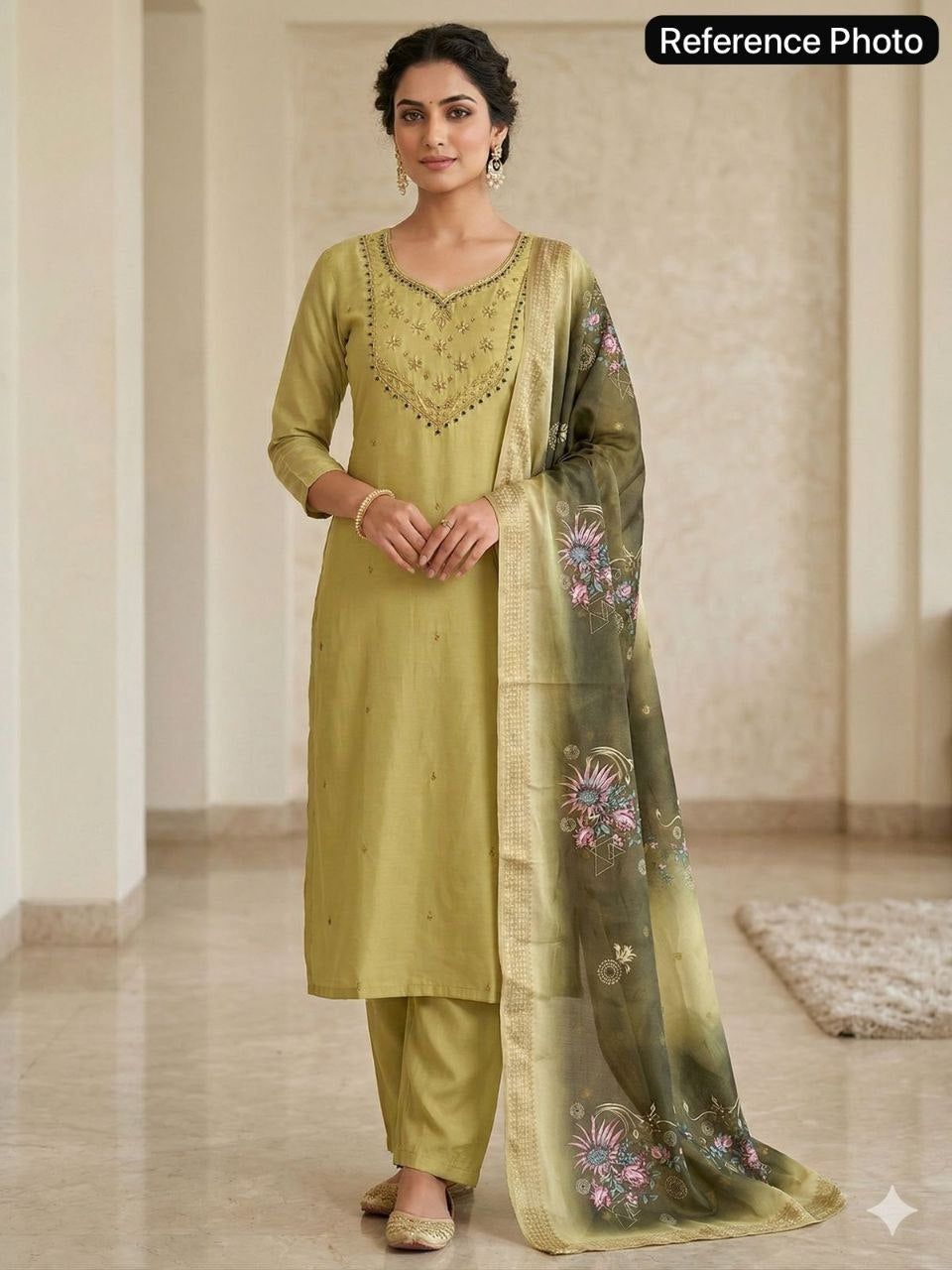 Sage Garden Embroidered Kurta Set with Olive Floral Dupatta