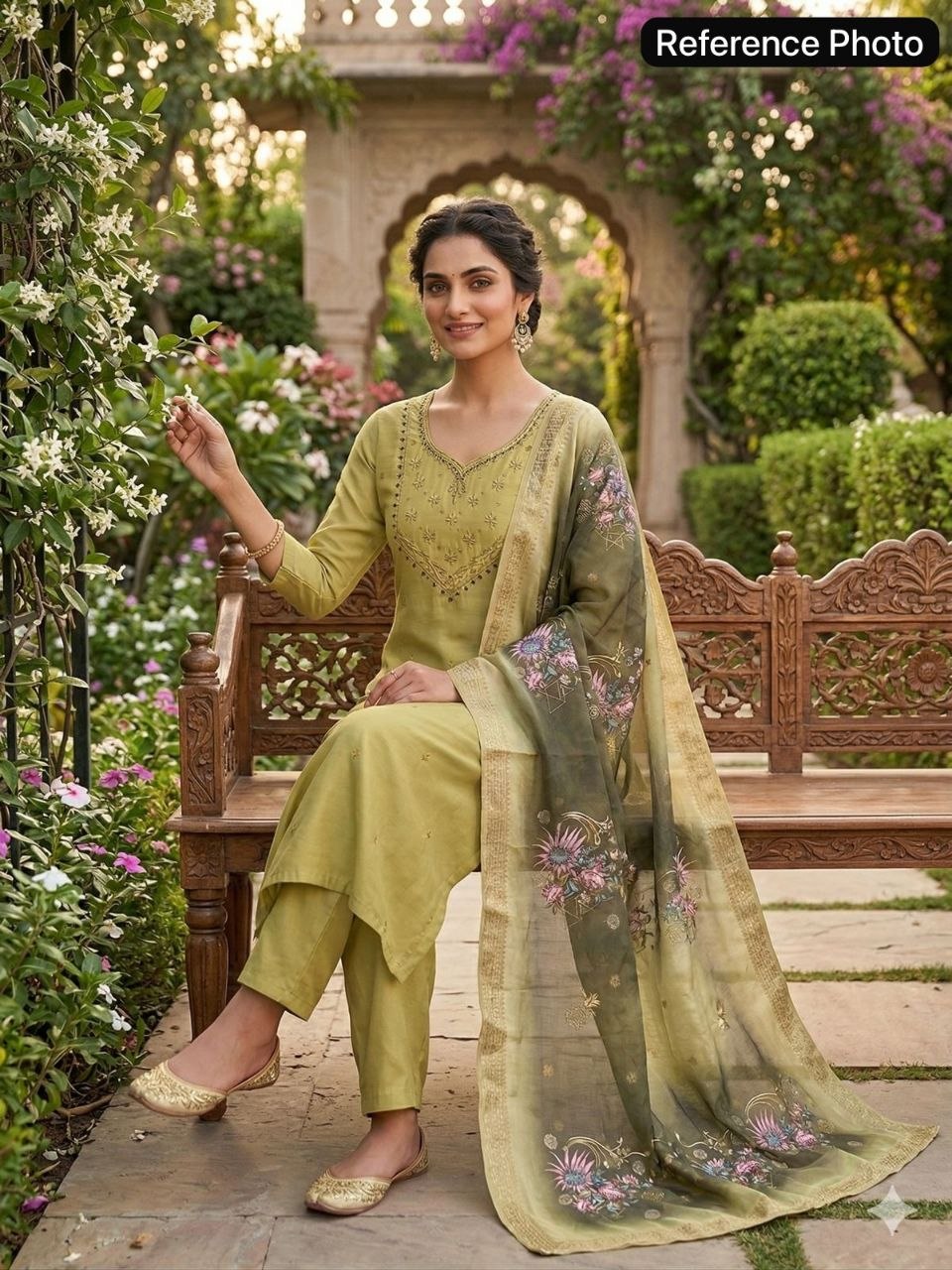 Sage Garden Embroidered Kurta Set with Olive Floral Dupatta