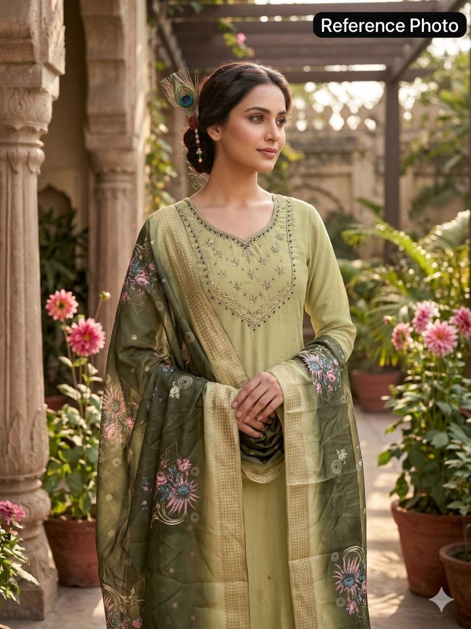 Sage Garden Embroidered Kurta Set with Olive Floral Dupatta