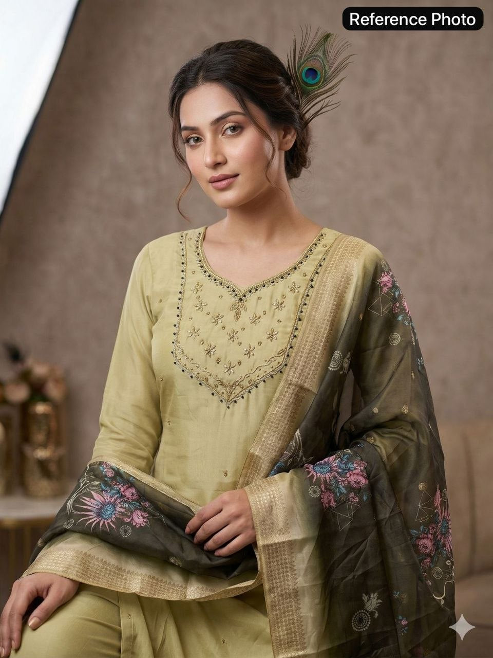 Sage Garden Embroidered Kurta Set with Olive Floral Dupatta