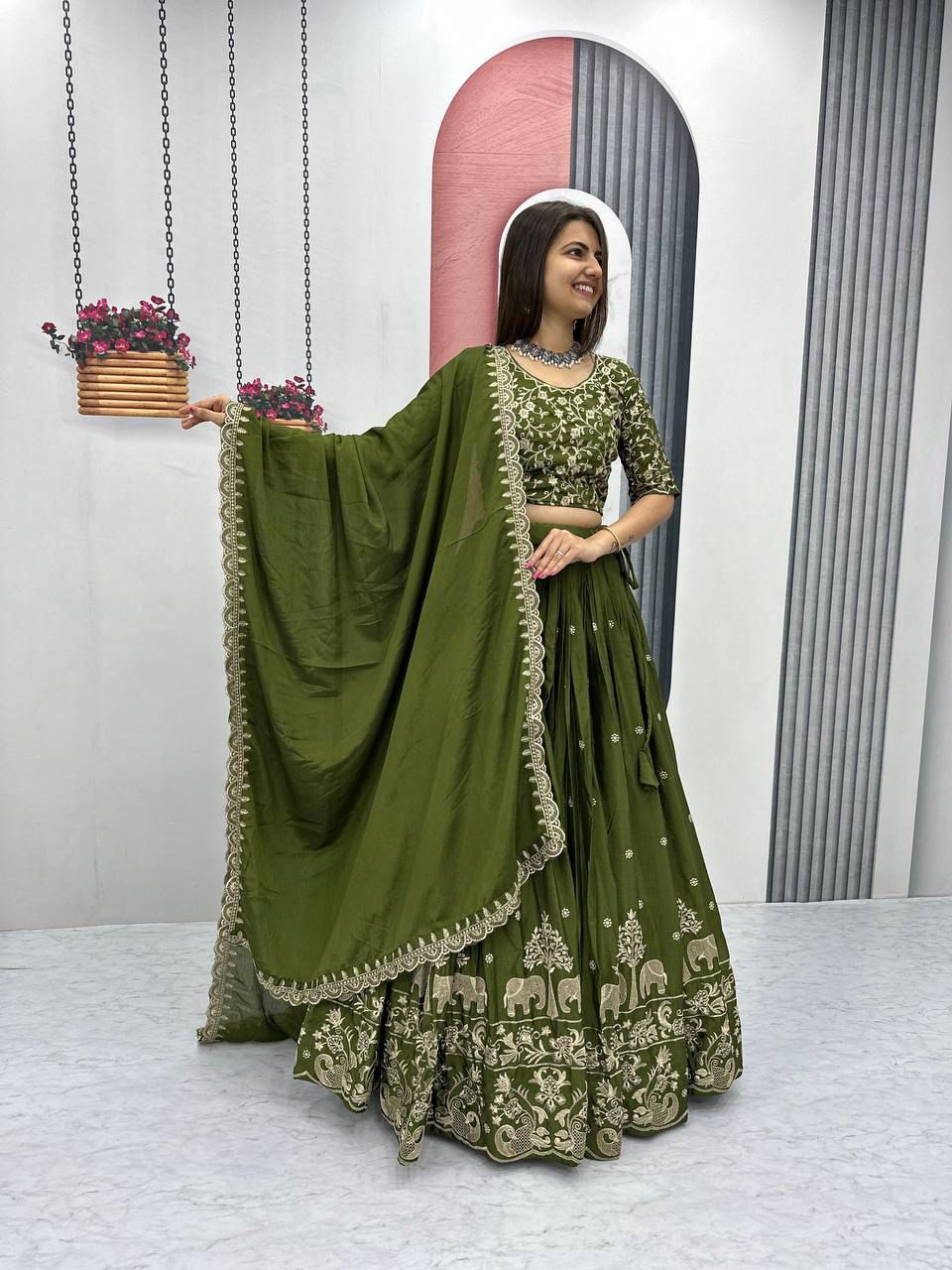Mehendi Green Embroidered Lehenga Choli Set